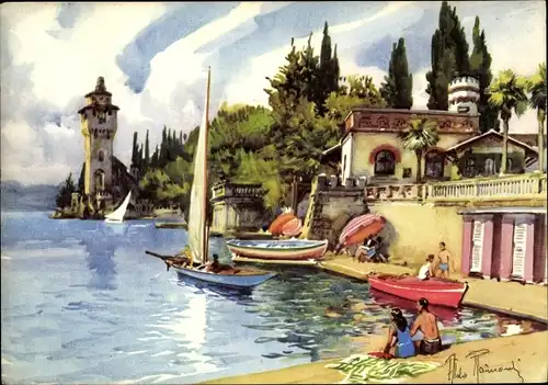 Künstler Ak Gardone Riviera Lago di Garda Lombardia, Torre San Marco e Casino