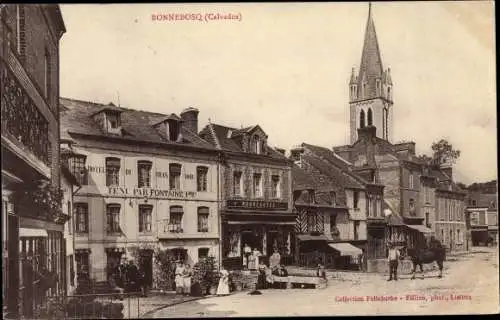 Ak Bonnebosq Calvados, Place, Eglise, Hotel, tenu par Fontaine