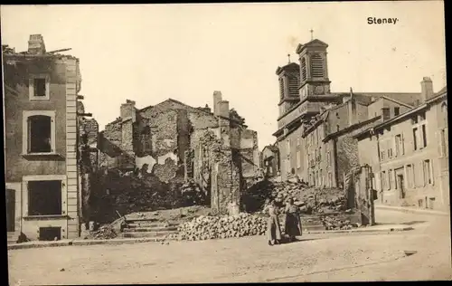 Ak Stenay Lothringen Meuse, Straßenpartie, zerstörte Gebäude, I. WK