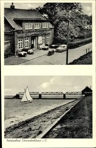 Ak Eckwarderhörne Butjadingen Wesermarsch, Strandhotel mit Brücke, Inh. Jan Fels