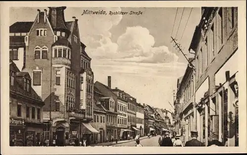 Ak Mittweida in Sachsen, Blick in die Rochlitzer Straße, Saxonia Drogerie