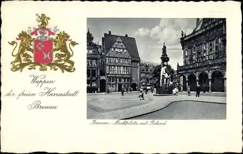 Präge Wappen Ak Hansestadt Bremen, Marktplatz, Roland