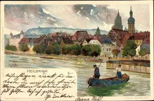 Künstler Litho Mutter, K., Heilbronn am Neckar, Blick auf den Ort, Ruderboot