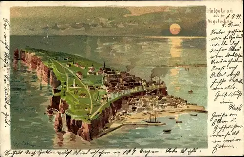 Künstler Mondschein Litho Nordseeinsel Helgoland, Totalansicht der Insel