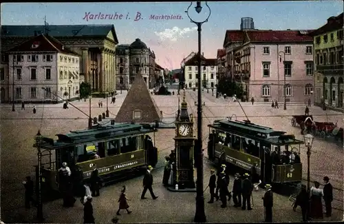 Ak Karlsruhe in Baden, Marktplatz, Straßenbahn 68