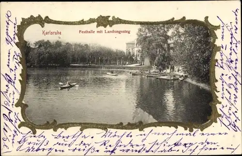 Präge Passepartout Ak Karlsruhe in Baden, Festhalle mit Landungssteg, Kajak