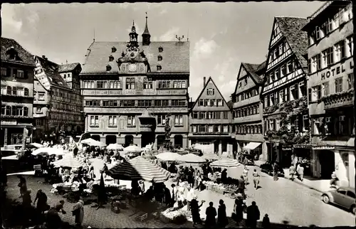 Ak Tübingen am Neckar, Marktplatz, Rathaus, Hotel, Marktstände