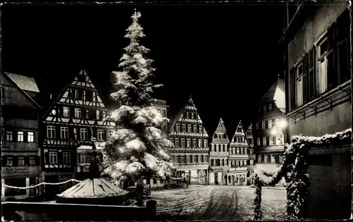 Ak Tübingen am Neckar, Marktplatz, Nachtansicht, Winter, Fachwerkhäuser