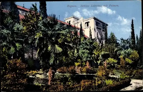 Ak Ragusa Dubrovnik Kroatien, Lokrum, Blick auf Schloss Lacroma mit Palmen, Photochromie Purger 8368