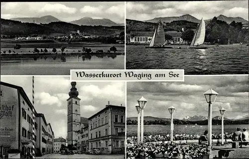 Ak Waging am See Oberbayern, Panorama, Kirche, Straße, Terrasse, Segelboote