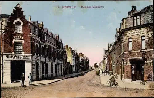 Ak Merville Nord, Rue des Capucins, Banque Generale du Nord
