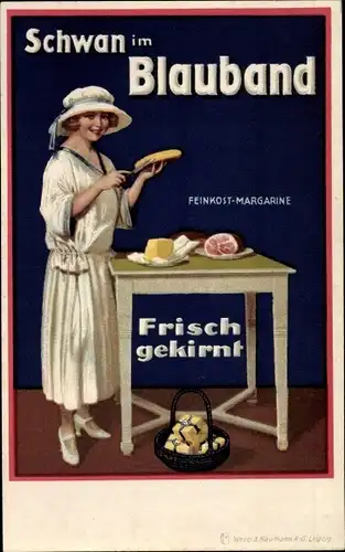 Künstler Ak Schwan im Blauband, Reklame Feinkost Margarine, Frisch gekirnt