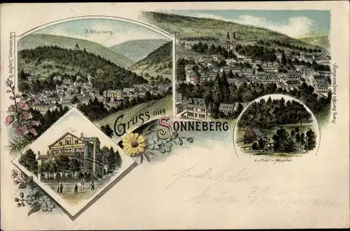 Litho Sonneberg in Thüringen, Schlossberg, Kaltwasser Heilanstalt, Lutherhäuschen