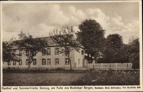 Ak Sörnzig Seelitz in Sachsen, Gasthof Sörnzig am Fuß des Rochlitzer Berges, Rich. Bellmann