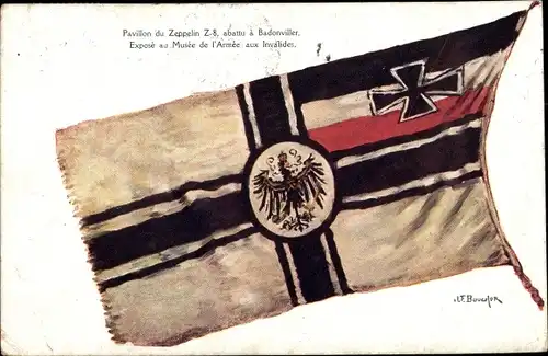 Künstler Ak Pavillon du Zeppelin Z 8, abattu à Badonviller 1914, Fahne, LZ 23