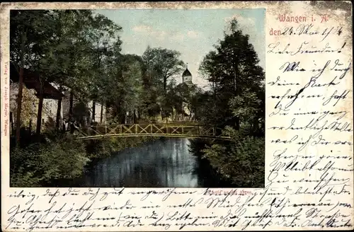 Ak Wangen im Allgäu, Flusspartie, Kirche, Brücke