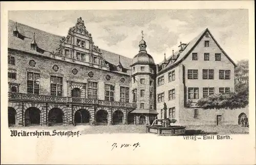 Künstler Ak Weikersheim in Tauberfranken Württemberg, Partie im Schlosshof, Brunnen