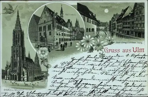Mondschein Litho Ulm an der Donau Baden Württemberg, Partie an der Blau, Rathaus, Münster