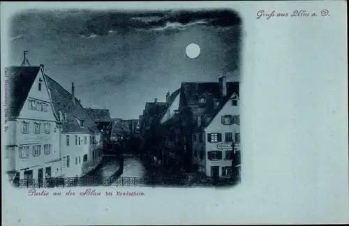 Mondschein Ak Ulm an der Donau Baden Württemberg, Partie an der Blau