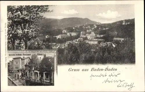 Ak Baden Baden am Schwarzwald, Großh. Victoria Pensionat, Filiale I, Blick auf den Ort
