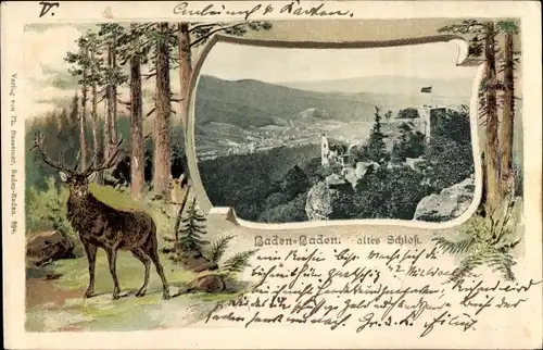 Präge Passepartout Ak Baden Baden im Stadtkreis Baden Württemberg, Blick auf altes Schloss, Hirsch