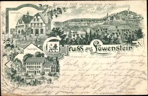 Litho Löwenstein in Württemberg, Marktplatz, Theuserbad, Panorama