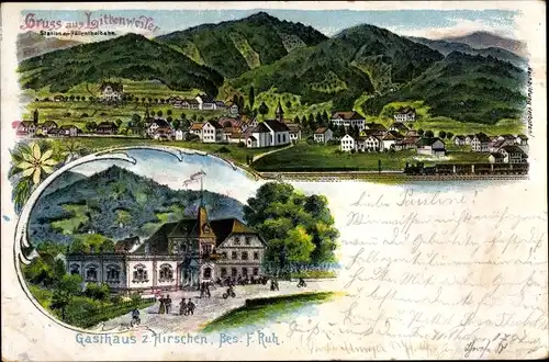 Litho Littenweiler Freiburg im Breisgau, Panorama, Gasthaus zum Hirschen