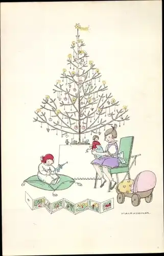 Künstler Ak Köhler, Mela, Frohe Weihnachten, Tannenbaum, Kinder mit Puppen