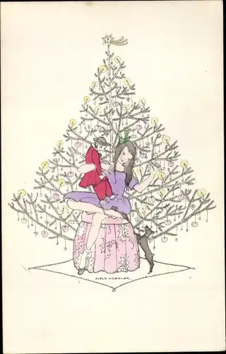 Künstler Ak Köhler, Mela, Frohe Weihnachten, Tannenbaum, Mädchen mit Puppe, Hund