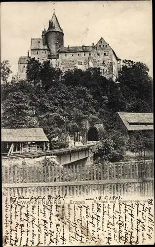 Ak Schwarzenberg im Erzgebirge Sachsen, Schloss, Eisenbahntunnel