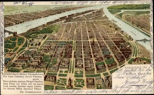 Litho Mannheim, Gesamtansicht der Stadt mit Neckar und Rhein