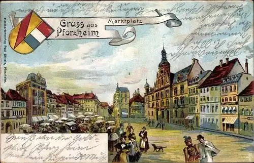 Wappen Litho Pforzheim, Marktplatz, Markt, Einwohner