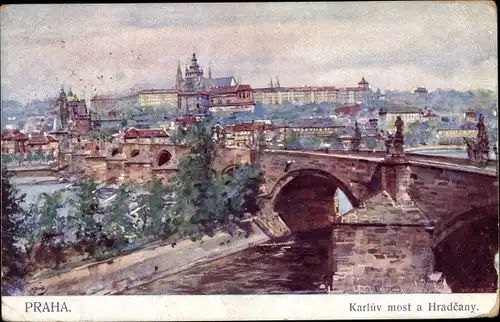 Künstler Ak Praha Prag, Karluv most a Hradcany, Hradschin, Karlsbrücke