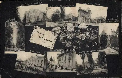 Ak Courpalay Seine et Marne, Route de Nangis, Chateau de Lagrange, Villa des Eaux, la Mairie