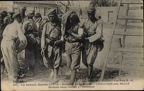 Ak Chaucoin Seine et Marne, Bataille de la Marne, Marocain blesse conduit a l'ambulance, I WK