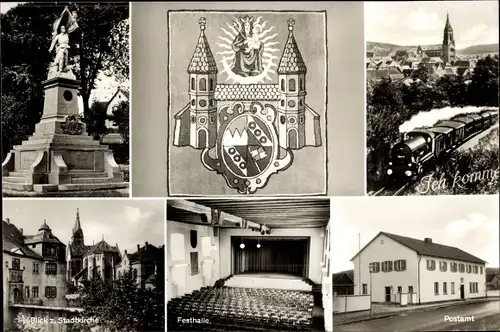 Wappen Ak Hardheim im Odenwald Baden, Postamt, Festhalle, Denkmal, Stadtkirche