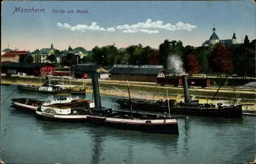 Ak Mannheim in Baden Württemberg, Partie am Rhein, Dampfer, Gebrüder Krull, Gebäude