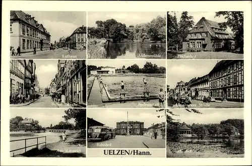 Ak Uelzen in Niedersachsen, Fischerhof, Freibad, Rathaus, Strassenansicht, Bahnhof