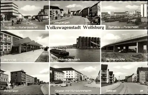 Ak Wolfsburg in Niedersachsen, VW Werk, Volkswagenstadt, Bahnhof, Straßenansichten, Berlinerbrücke