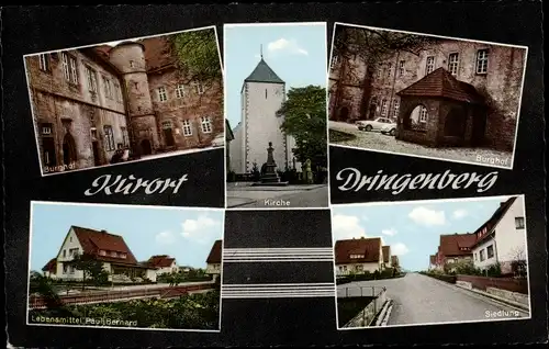 Ak Dringenberg Bad Driburg Nordrhein Westfalen, Burghof, Kirche, Siedlung, Lebensmittelgeschäft