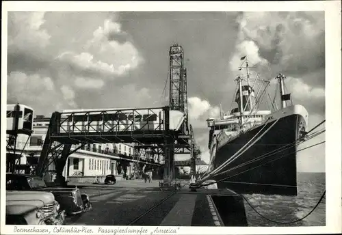 Ak USL Dampfer SS America am Columbuspier in Bremerhaven