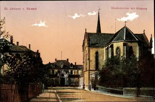 Ak Saint Jean de Bassel Sankt Johann von Bassel Moselle, Klosterkirche mit Eingang