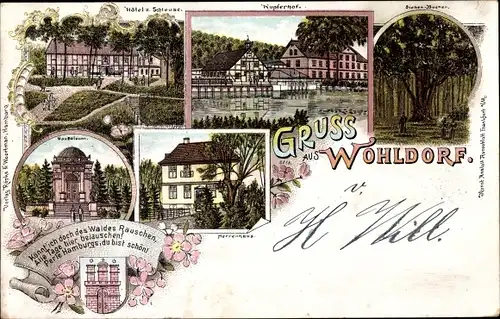 Litho Hamburg Wohldorf Ohlstedt, Hotel zur Schleuse, Kupferhof, Mausoleum, Herrenhaus, Siebenbuchen