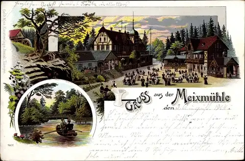 Litho Dresden Pillnitz, Blick auf die Meixmühle, Gewässer, Boot