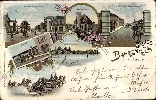 Litho Hamburg Altona Bahrenfeld, Kaserne, Batterie im Galopp, Bahnhof, Aussichtsturm