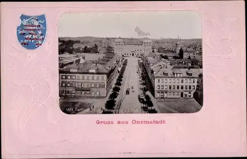 Präge Passepartout Wappen Ak Darmstadt in Hessen, Blick vom Monument nach dem Schloss