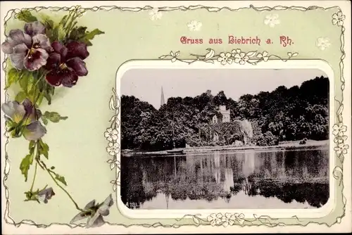 Passepartout Ak Biebrich am Rhein Wiesbaden, Blick vom Wasser aus, Stiefmütterchen