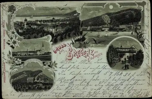 Mondschein Litho Bregenz am Bodensee Vorarlberg, Kloster Riedenburg und Mehrerau, Hafen