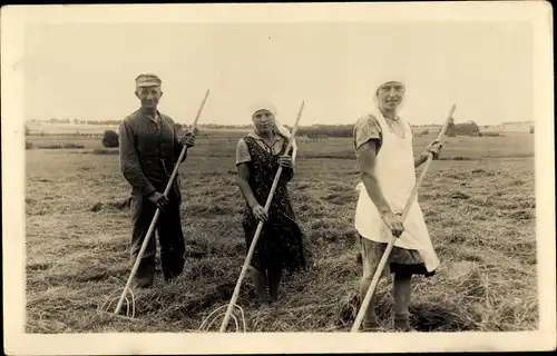 Foto Ak Ergendorf?, Bauern, Feldarbeit, Rechen, Acker, Landwirtschaft, Heu, 1935