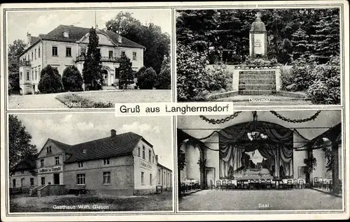 Ak Urzuty Langhermsdorf Niederschlesien, Schloss, Denkmal, Gasthaus Wilh. Giesen, Saal